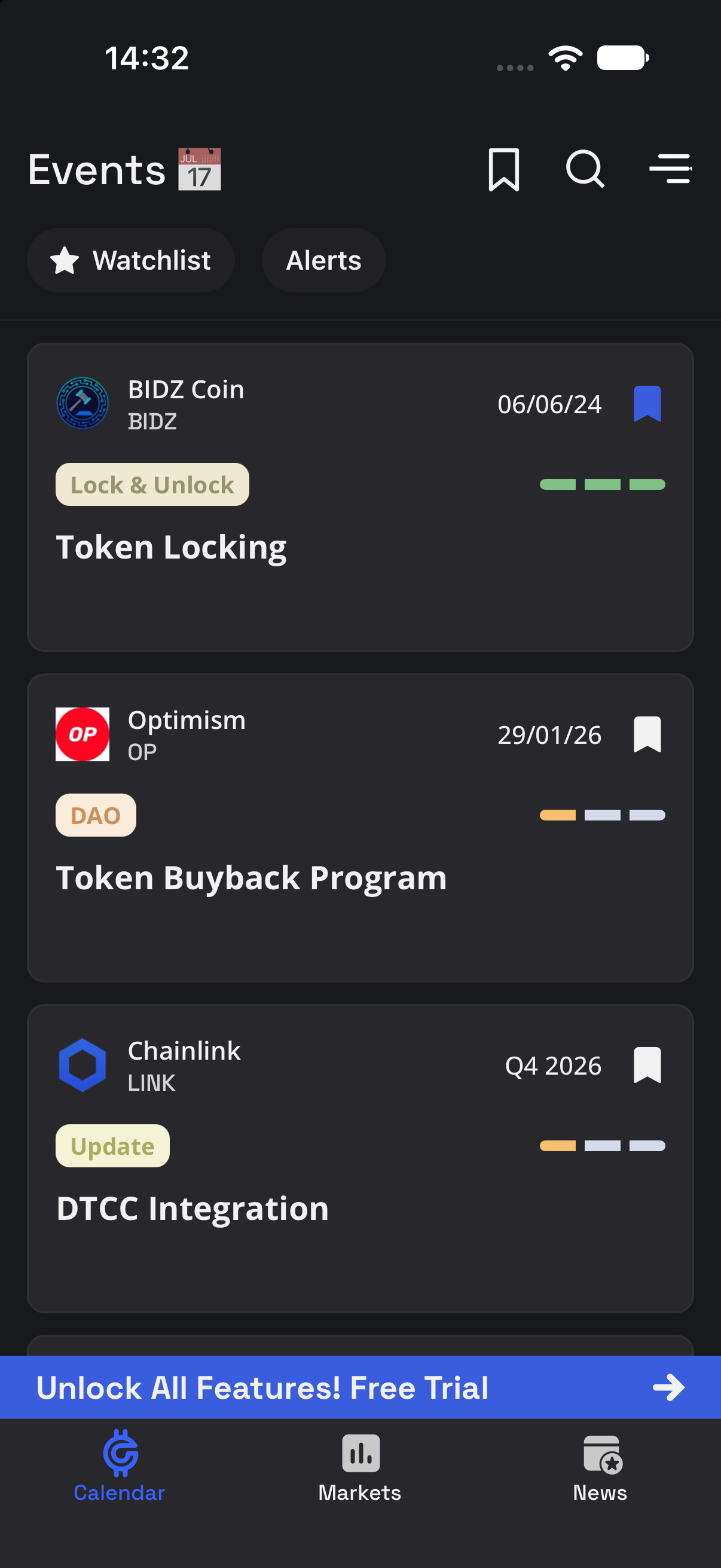 Cryptolite Events screen showing event cards with historical feed dates, Watchlist and Alerts