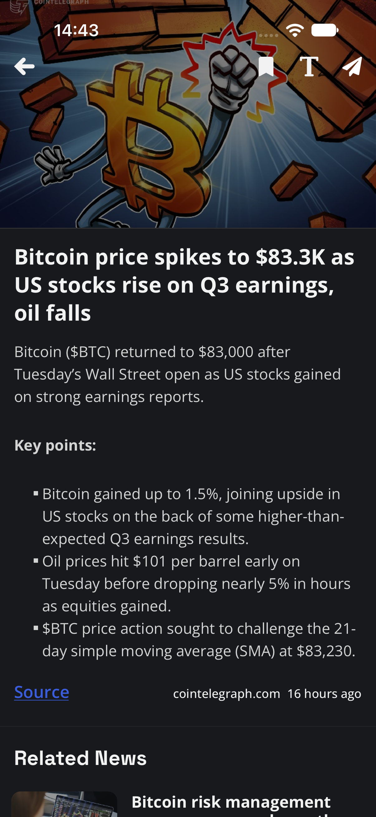 Cryptolite article reader on an iPhone, with a Source link, publisher attribution and related news
