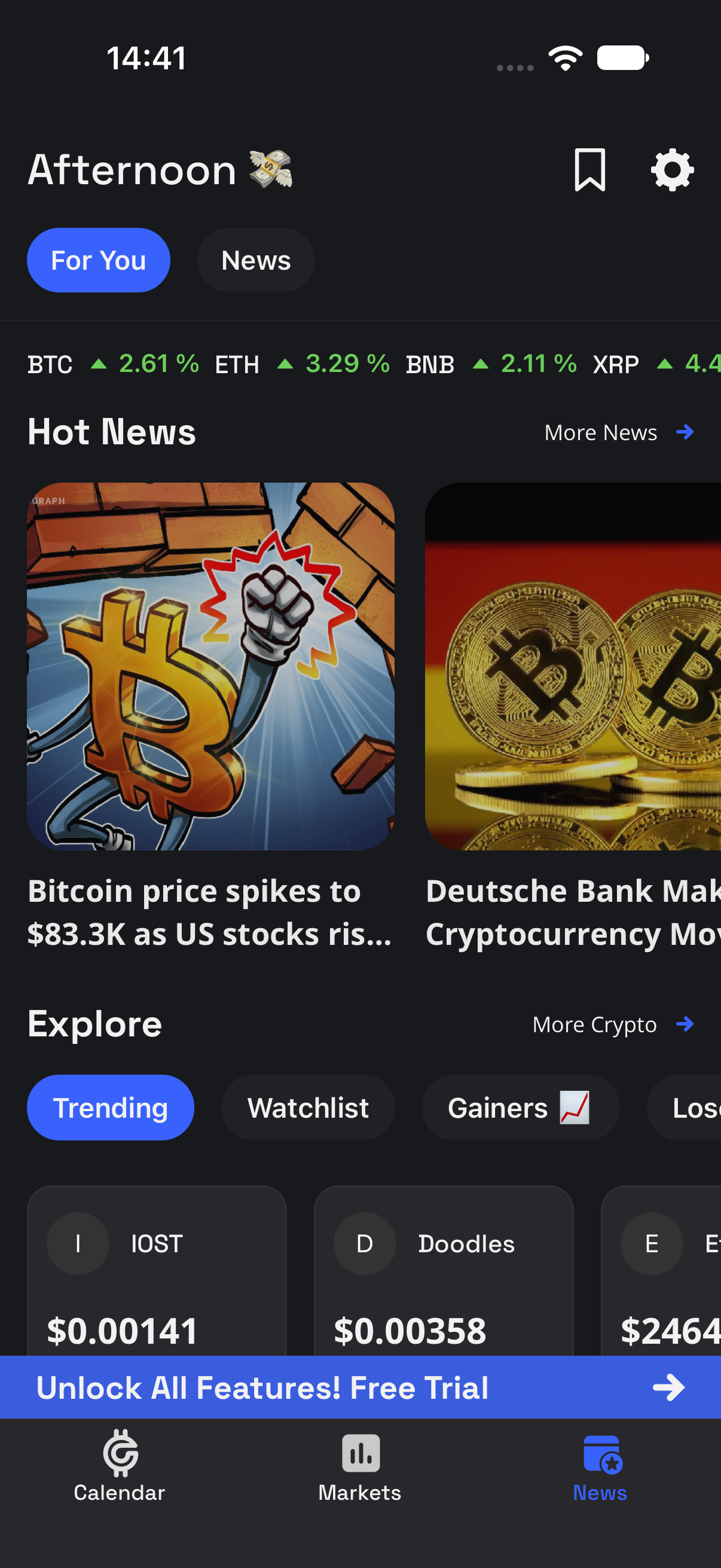 Cryptolite News screen on an iPhone showing a market ticker, Hot News stories and coin cards
