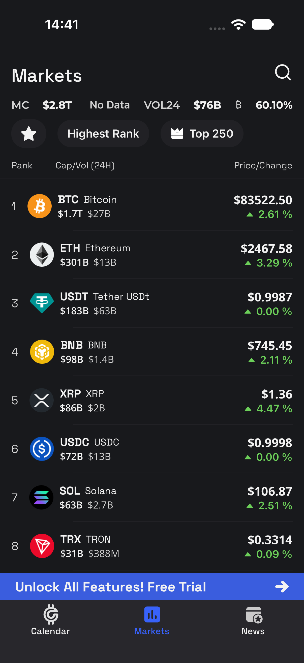 Cryptolite Markets screen showing ranked coins, prices and changes